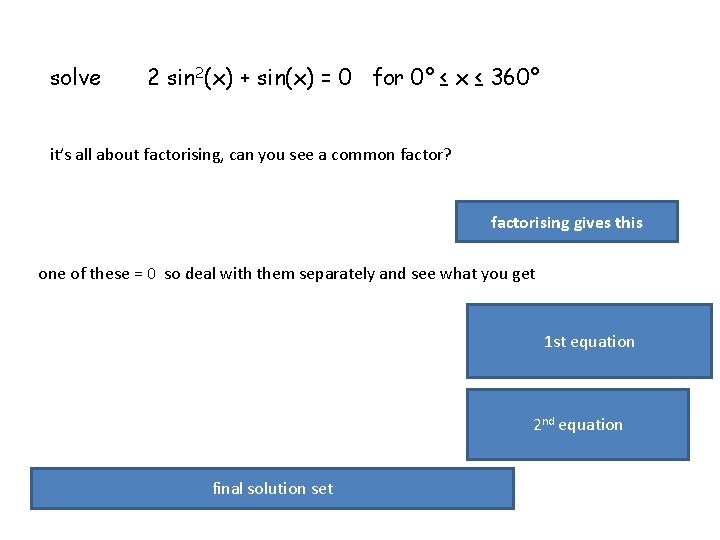 solve 2 sin 2(x) + sin(x) = 0 for 0° ≤ x ≤ 360°