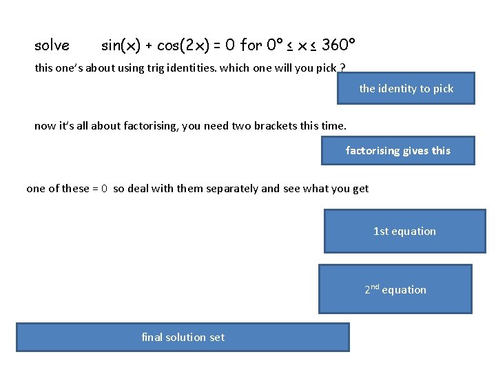 solve sin(x) + cos(2 x) = 0 for 0° ≤ x ≤ 360° this