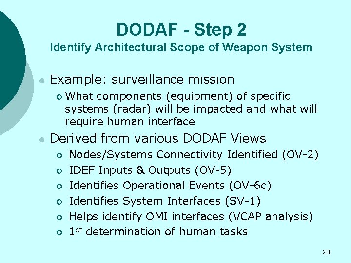 DODAF - Step 2 Identify Architectural Scope of Weapon System l Example: surveillance mission