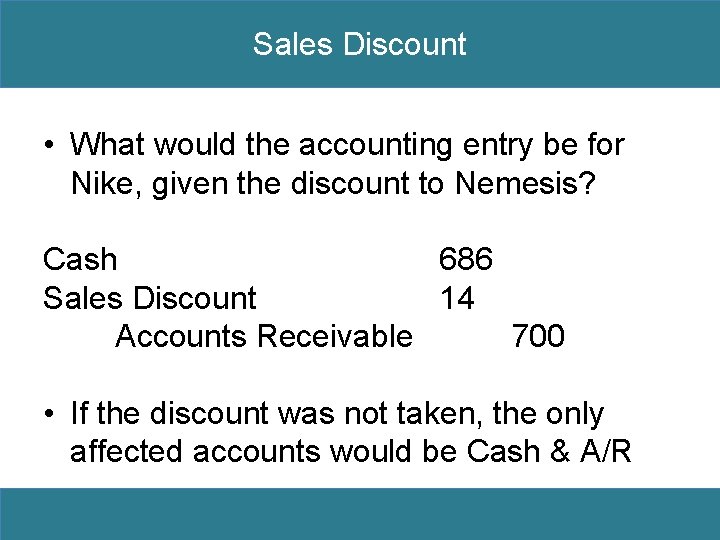 Sales Discount • What would the accounting entry be for Nike, given the discount