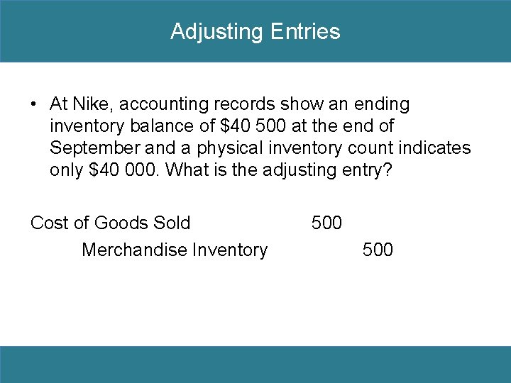 Adjusting Entries • At Nike, accounting records show an ending inventory balance of $40