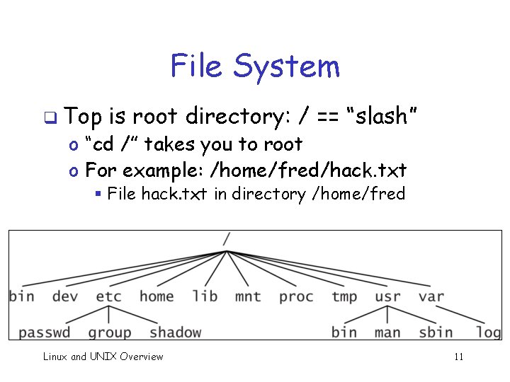 File System q Top is root directory: / == “slash” o “cd /” takes
