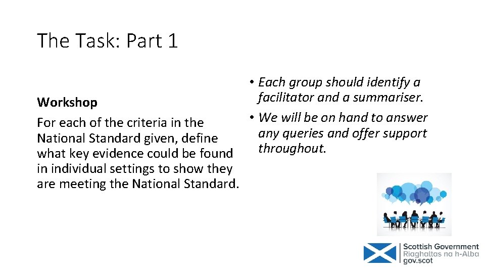 The Task: Part 1 Workshop For each of the criteria in the National Standard