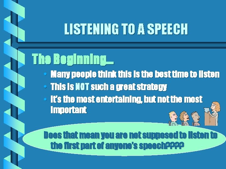 LISTENING TO A SPEECH The Beginning… • • • Many people think this is