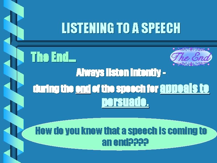 LISTENING TO A SPEECH The End… Always listen intently during the end of the