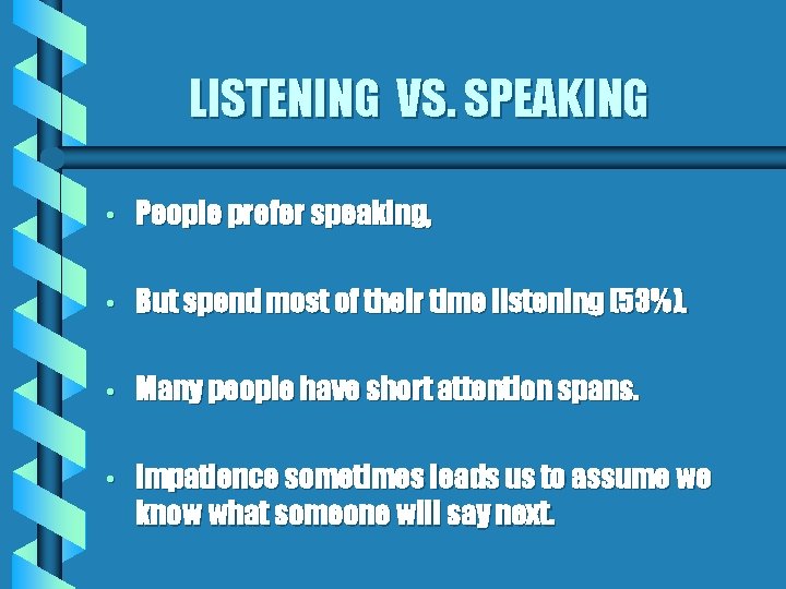 LISTENING VS. SPEAKING • People prefer speaking, • But spend most of their time
