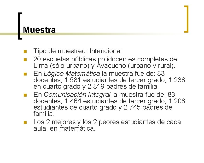 Muestra n n n Tipo de muestreo: Intencional 20 escuelas públicas polidocentes completas de