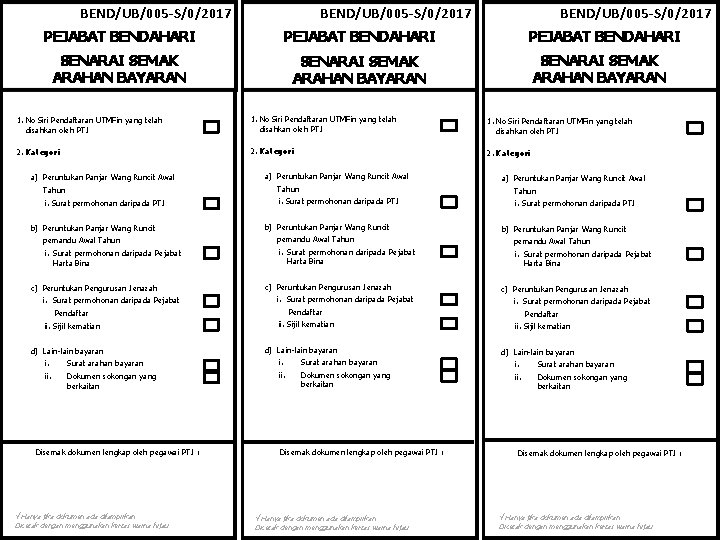 BEND/UB/005 -S/0/2017 PEJABAT BENDAHARI SENARAI SEMAK ARAHAN BAYARAN 1. No Siri Pendaftaran UTMFin yang