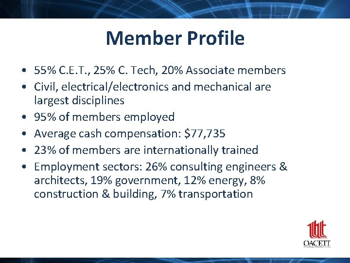 Member Profile • 55% C. E. T. , 25% C. Tech, 20% Associate members