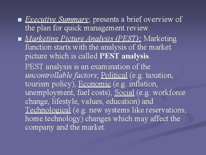 n n Executive Summary; presents a brief overview of the plan for quick management n n Executive Summary; presents a brief overview of the plan for quick management