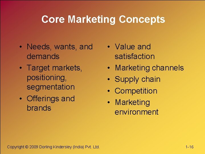 Core Marketing Concepts • Needs, wants, and demands • Target markets, positioning, segmentation •