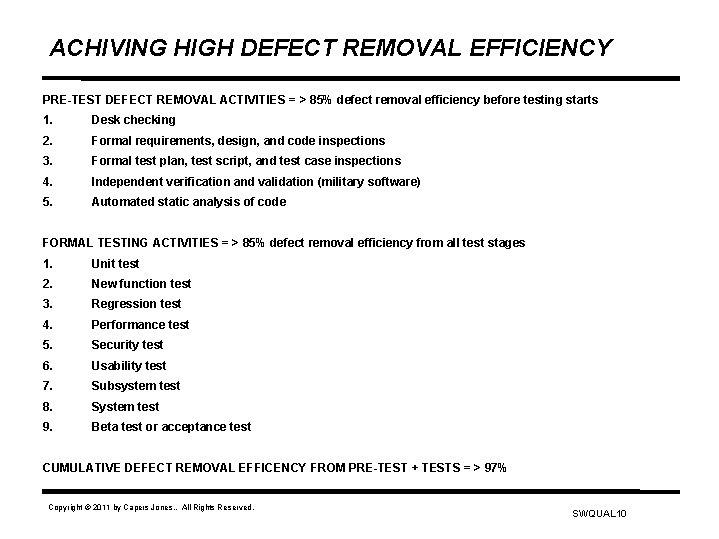ACHIVING HIGH DEFECT REMOVAL EFFICIENCY PRE-TEST DEFECT REMOVAL ACTIVITIES = > 85% defect removal