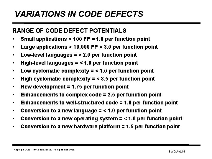 VARIATIONS IN CODE DEFECTS RANGE OF CODE DEFECT POTENTIALS • • • Small applications