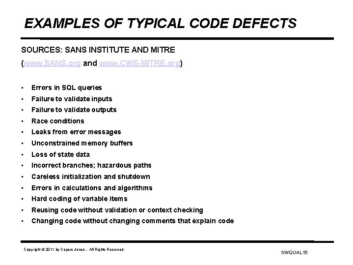 EXAMPLES OF TYPICAL CODE DEFECTS SOURCES: SANS INSTITUTE AND MITRE (www. SANS. org and