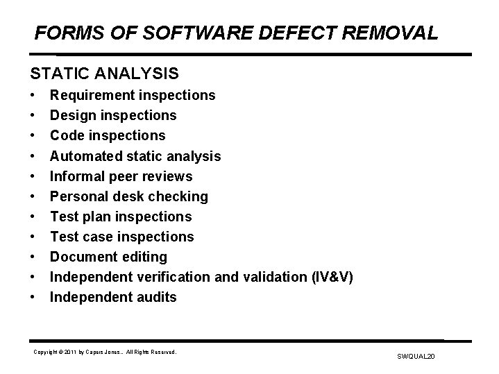 FORMS OF SOFTWARE DEFECT REMOVAL STATIC ANALYSIS • • • Requirement inspections Design inspections