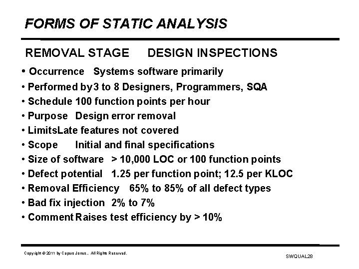 FORMS OF STATIC ANALYSIS REMOVAL STAGE DESIGN INSPECTIONS • Occurrence Systems software primarily •