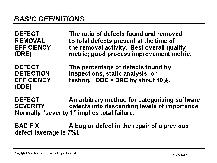 BASIC DEFINITIONS DEFECT REMOVAL EFFICIENCY (DRE) The ratio of defects found and removed to