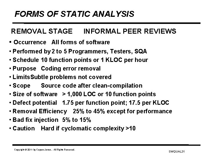 FORMS OF STATIC ANALYSIS REMOVAL STAGE INFORMAL PEER REVIEWS • Occurrence All forms of