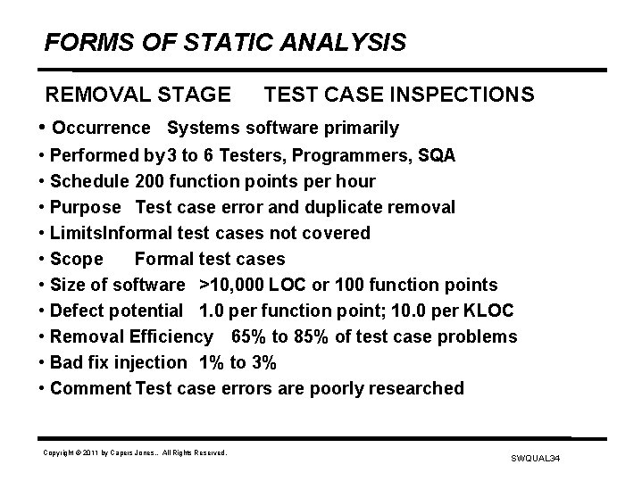 FORMS OF STATIC ANALYSIS REMOVAL STAGE TEST CASE INSPECTIONS • Occurrence Systems software primarily