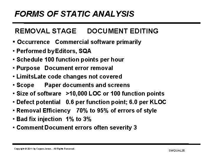 FORMS OF STATIC ANALYSIS REMOVAL STAGE DOCUMENT EDITING • Occurrence Commercial software primarily •
