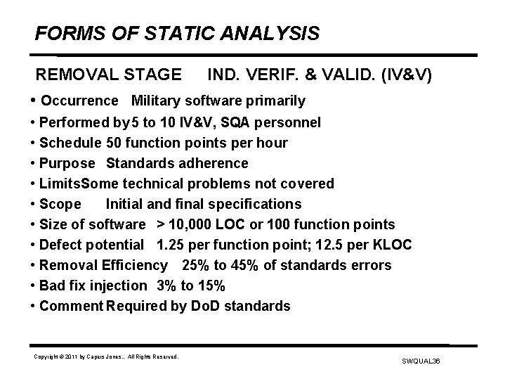 FORMS OF STATIC ANALYSIS REMOVAL STAGE IND. VERIF. & VALID. (IV&V) • Occurrence Military