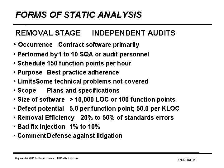 FORMS OF STATIC ANALYSIS REMOVAL STAGE INDEPENDENT AUDITS • Occurrence Contract software primarily •