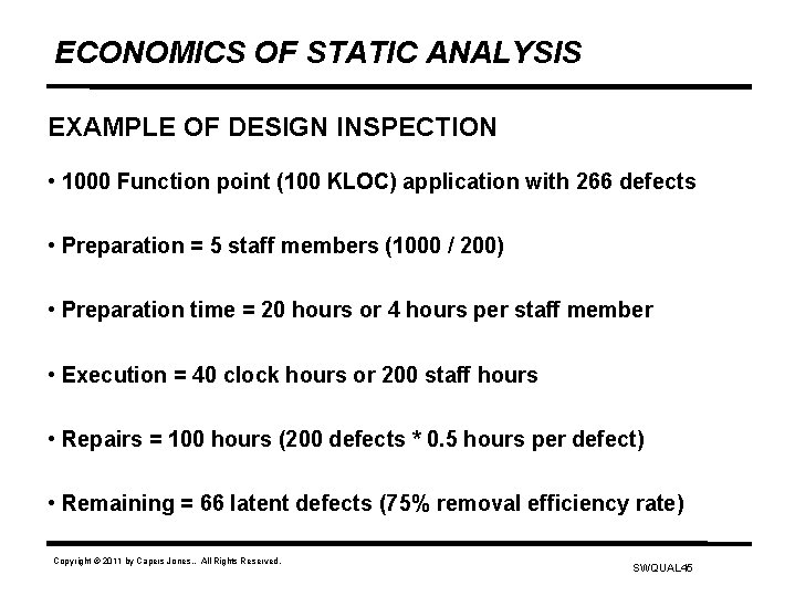 ECONOMICS OF STATIC ANALYSIS EXAMPLE OF DESIGN INSPECTION • 1000 Function point (100 KLOC)