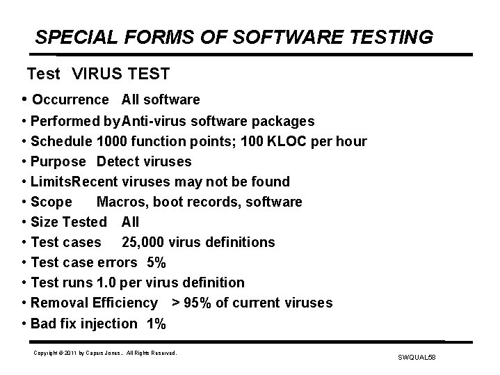 SPECIAL FORMS OF SOFTWARE TESTING Test VIRUS TEST • Occurrence All software • Performed