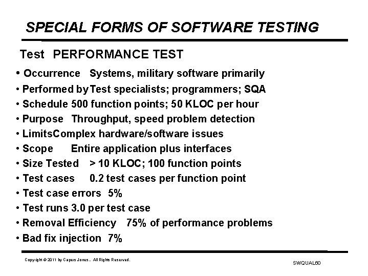 SPECIAL FORMS OF SOFTWARE TESTING Test PERFORMANCE TEST • Occurrence Systems, military software primarily