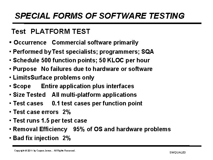 SPECIAL FORMS OF SOFTWARE TESTING Test PLATFORM TEST • Occurrence Commercial software primarily •