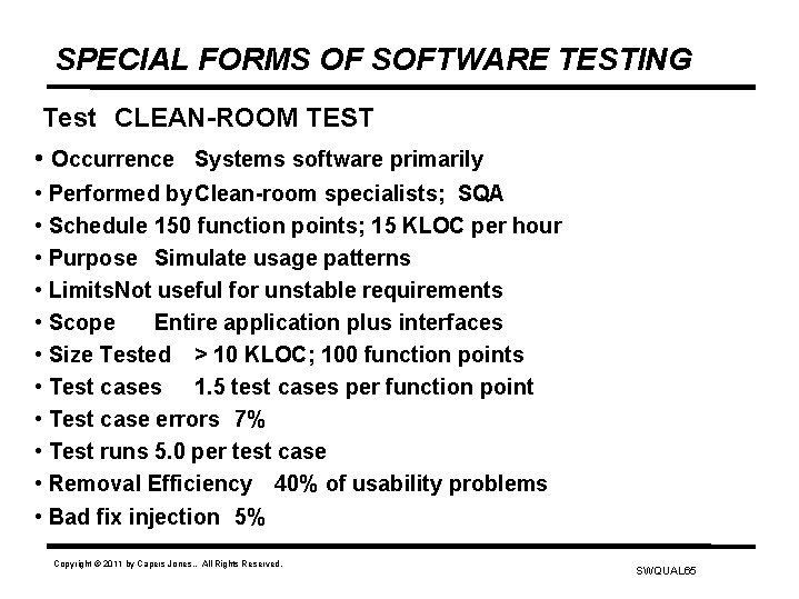 SPECIAL FORMS OF SOFTWARE TESTING Test CLEAN-ROOM TEST • Occurrence Systems software primarily •