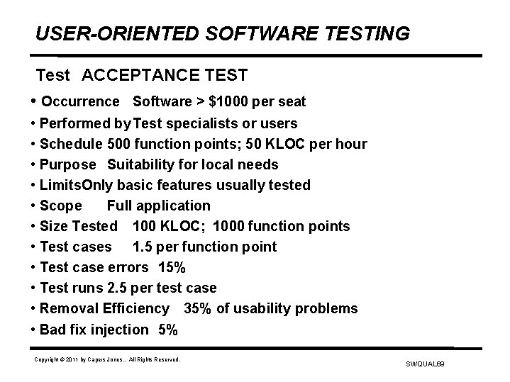 USER-ORIENTED SOFTWARE TESTING Test ACCEPTANCE TEST • Occurrence Software > $1000 per seat •