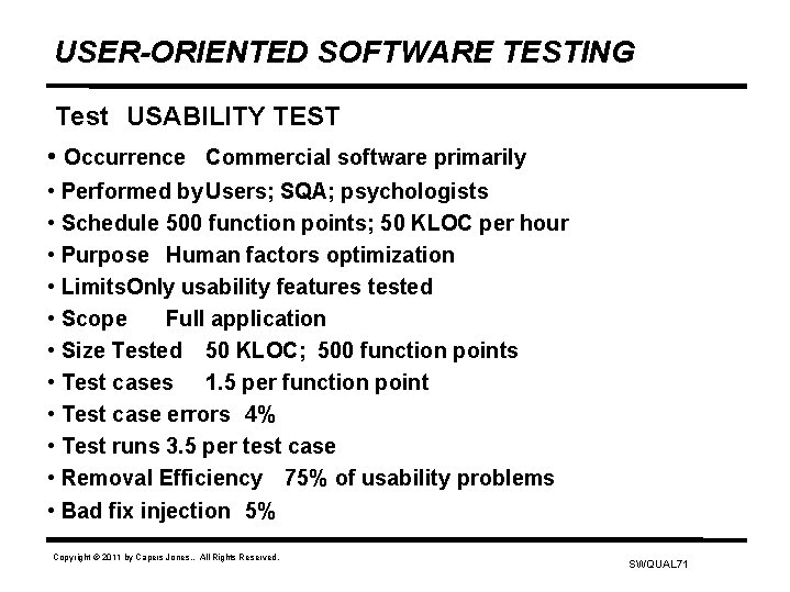 USER-ORIENTED SOFTWARE TESTING Test USABILITY TEST • Occurrence Commercial software primarily • Performed by