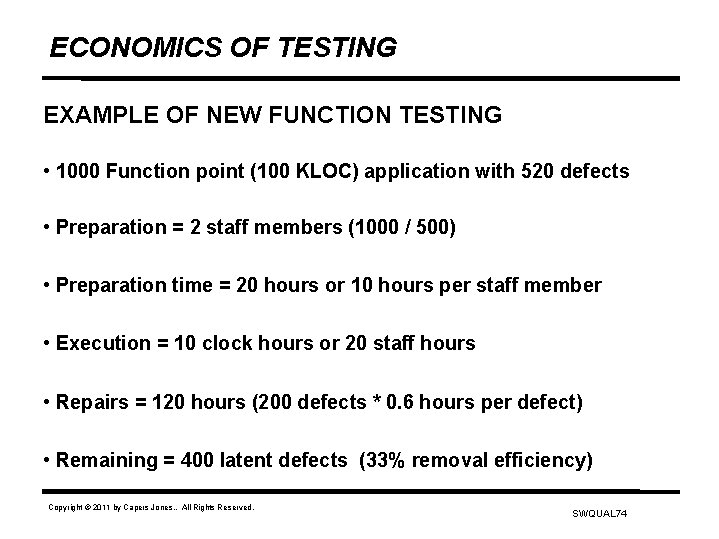 ECONOMICS OF TESTING EXAMPLE OF NEW FUNCTION TESTING • 1000 Function point (100 KLOC)