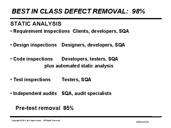 BEST IN CLASS DEFECT REMOVAL: 98% STATIC ANALYSIS • Requirement inspections Clients, developers, SQA