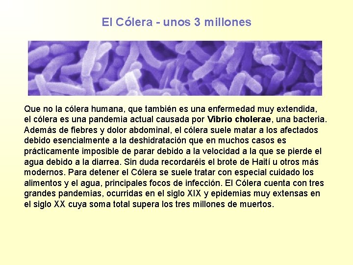 El Cólera - unos 3 millones Que no la cólera humana, que también es