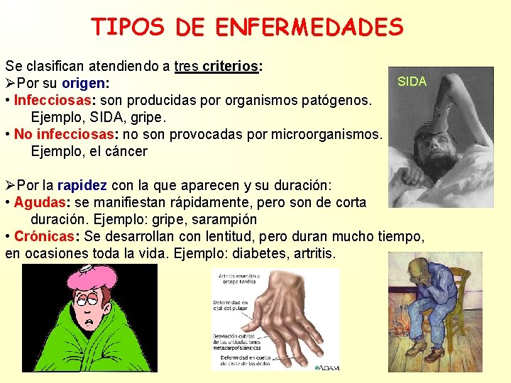 TIPOS DE ENFERMEDADES Se clasifican atendiendo a tres criterios: SIDA ØPor su origen: •
