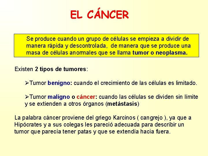 EL CÁNCER Se produce cuando un grupo de células se empieza a dividir de