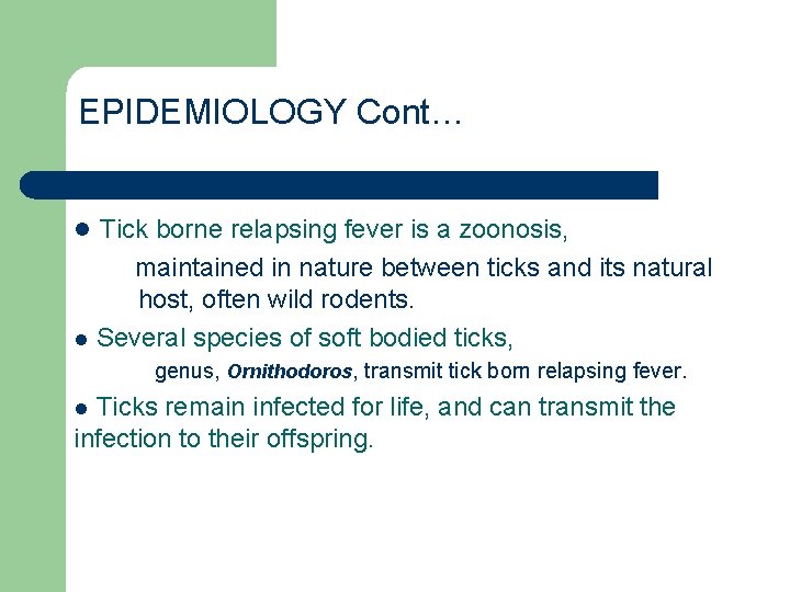 EPIDEMIOLOGY Cont… l Tick borne relapsing fever is a zoonosis, maintained in nature between