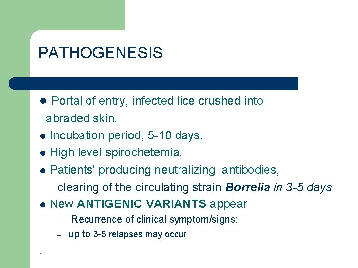 PATHOGENESIS l Portal of entry, infected lice crushed into abraded skin. l Incubation period,