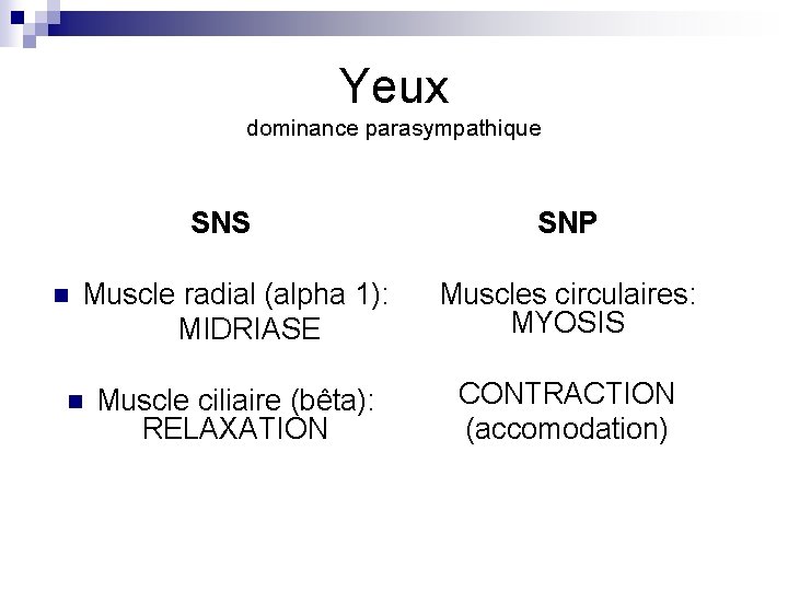 Yeux dominance parasympathique SNS n SNP Muscle radial (alpha 1): MIDRIASE Muscles circulaires: MYOSIS