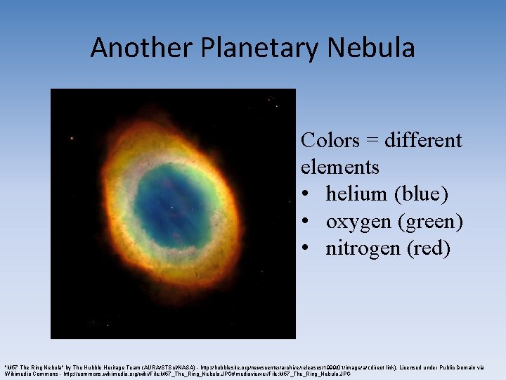 Another Planetary Nebula Colors = different elements • helium (blue) • oxygen (green) • Another Planetary Nebula Colors = different elements • helium (blue) • oxygen (green) •