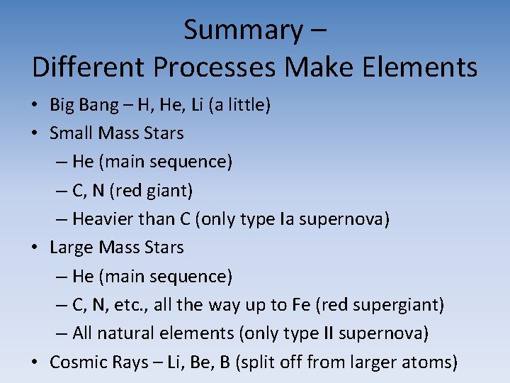 Summary – Different Processes Make Elements • Big Bang – H, He, Li (a Summary – Different Processes Make Elements • Big Bang – H, He, Li (a