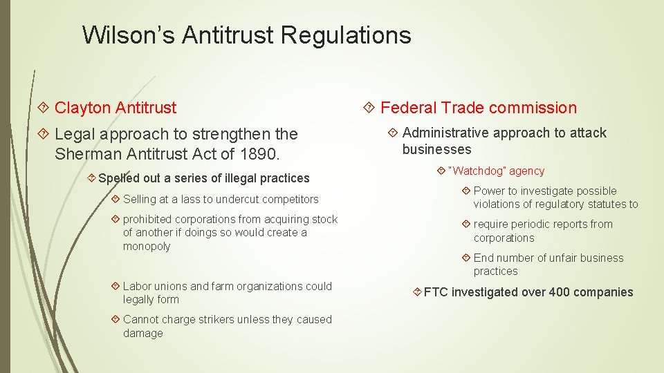 Wilson’s Antitrust Regulations Clayton Antitrust Legal approach to strengthen the Sherman Antitrust Act of