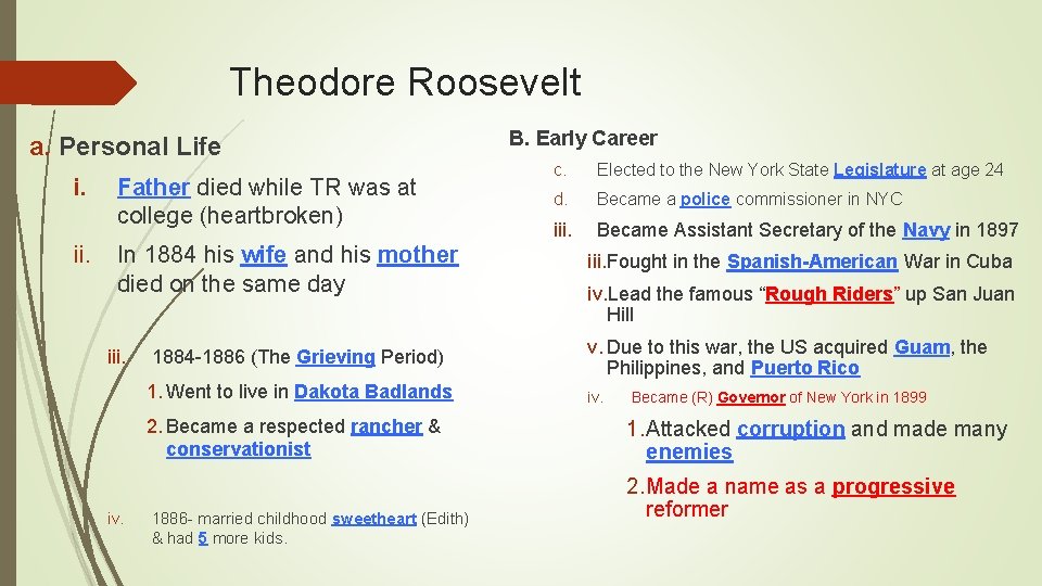 Theodore Roosevelt a. Personal Life i. ii. Father died while TR was at college