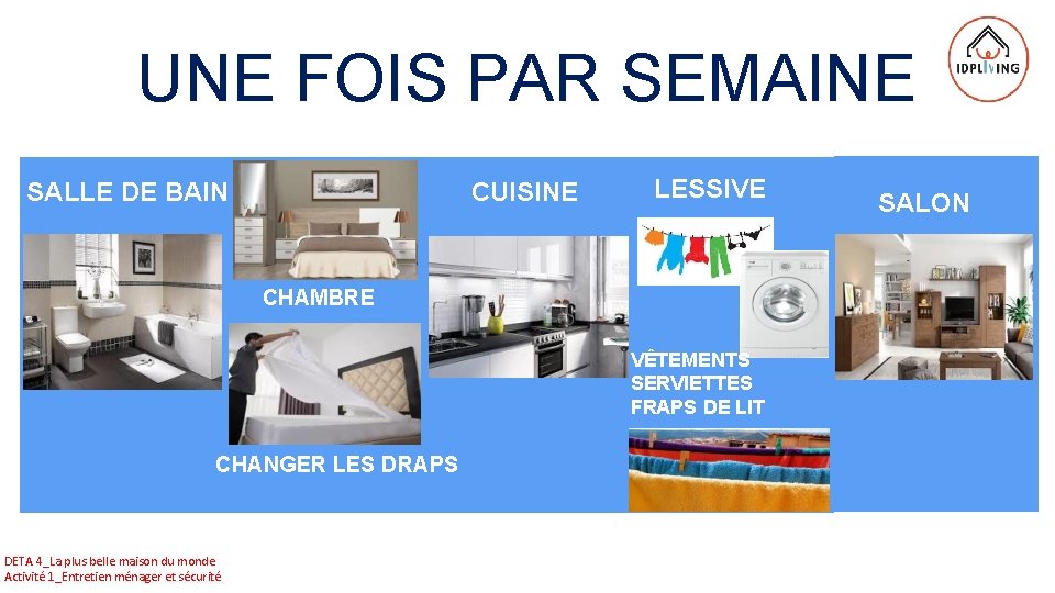 UNE FOIS PAR SEMAINE SALLE DE BAIN CUISINE LESSIVE CHAMBRE VÊTEMENTS SERVIETTES FRAPS DE