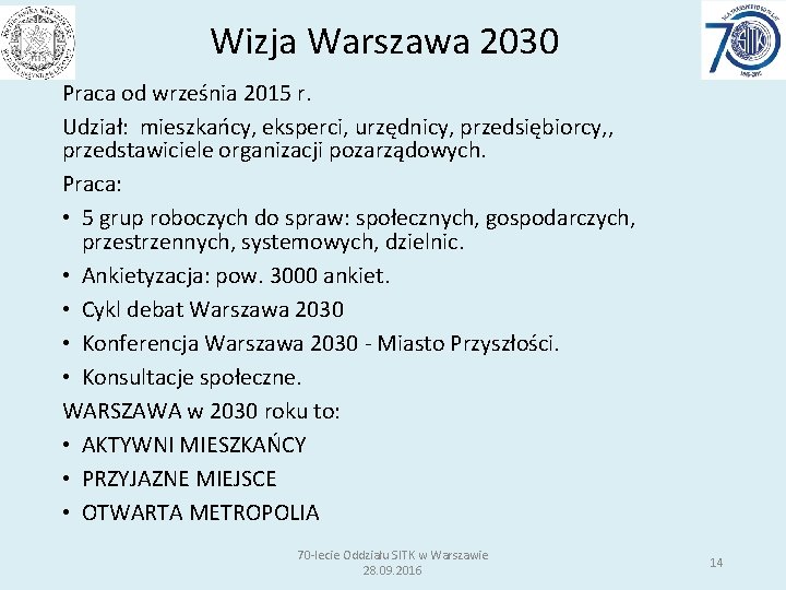 Wizja Warszawa 2030 Praca od września 2015 r. Udział: mieszkańcy, eksperci, urzędnicy, przedsiębiorcy, ,