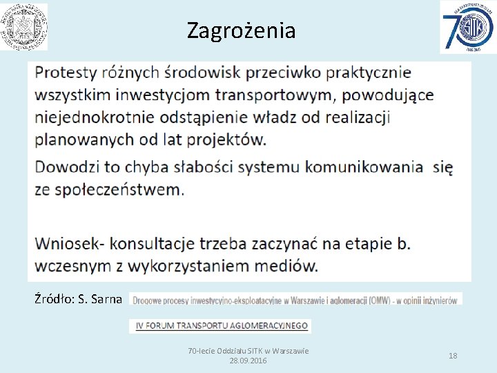 Zagrożenia Źródło: S. Sarna 70 -lecie Oddziału SITK w Warszawie 28. 09. 2016 18