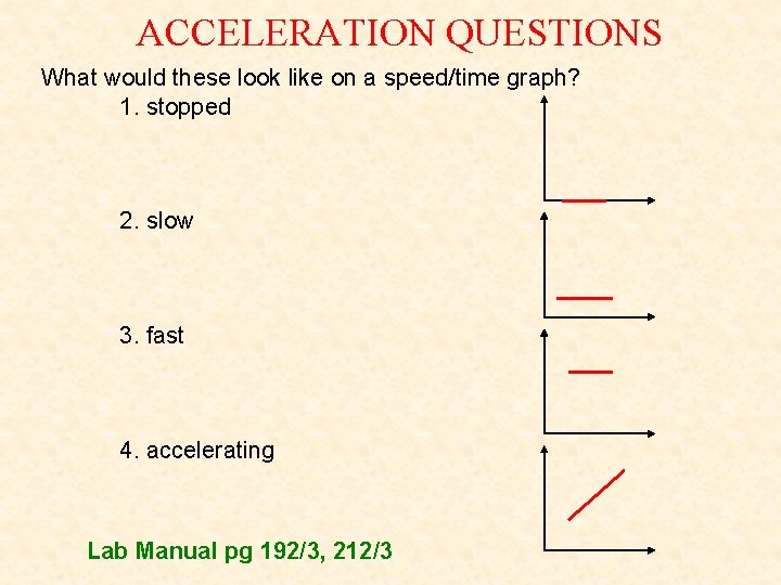 ACCELERATION QUESTIONS What would these look like on a speed/time graph? 1. stopped 2.