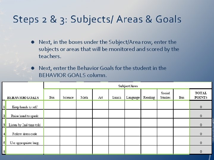 Steps 2 & 3: Subjects/ Areas & Goals Next, in the boxes under the